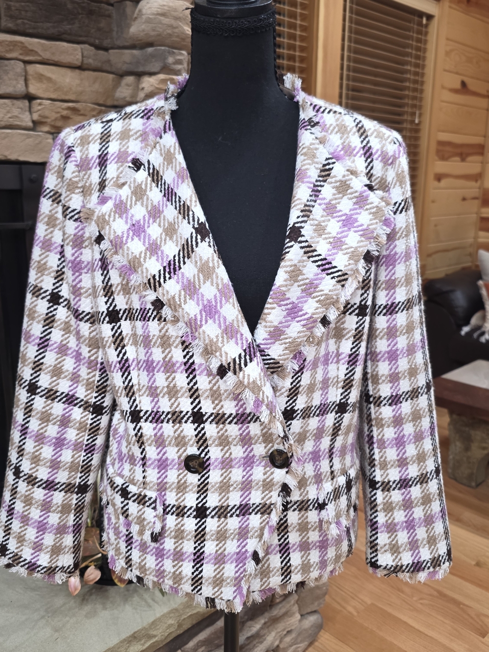 Ann Taylor Plaid Tweed Blazer in Lavender, Cream and Brown Size 8